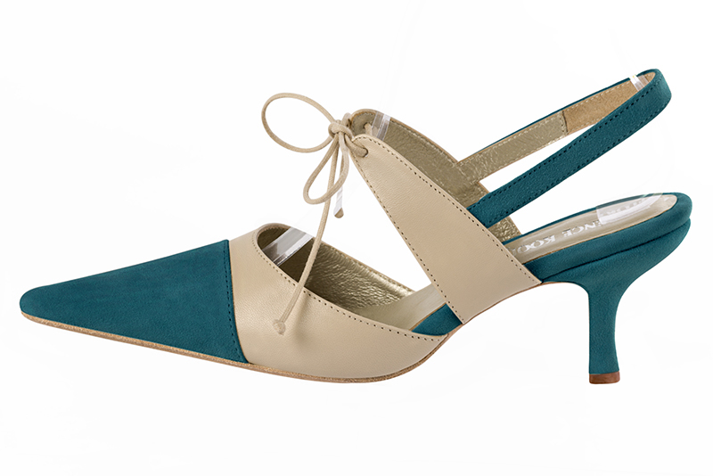 Peacock blue and champagne beige women's open back shoes, with an instep strap. Pointed toe. High slim heel. Profile view - Florence KOOIJMAN